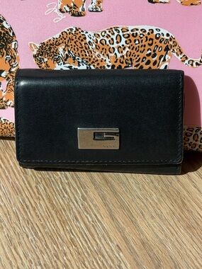 Gucci Black Leather Logo Card Case , Key Holder with Silver Plaque